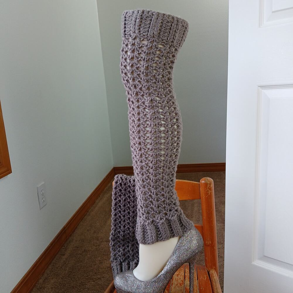 Taupe Leg Warmers OSFM crochet warm thick chunky over the knee dance premade - Picture 3 of 9